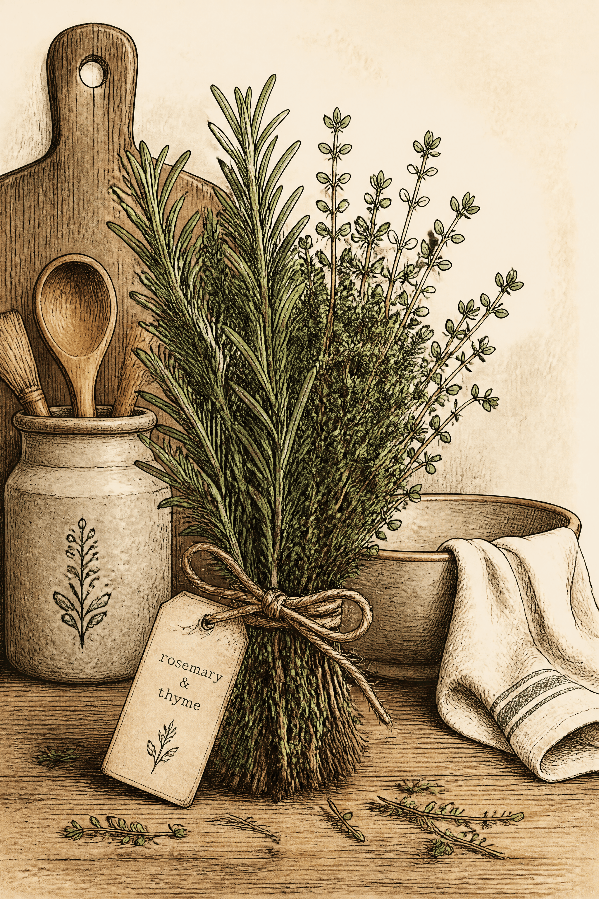 Affiche Herbes Liées — romarin et thym ficelle cuisine rustique